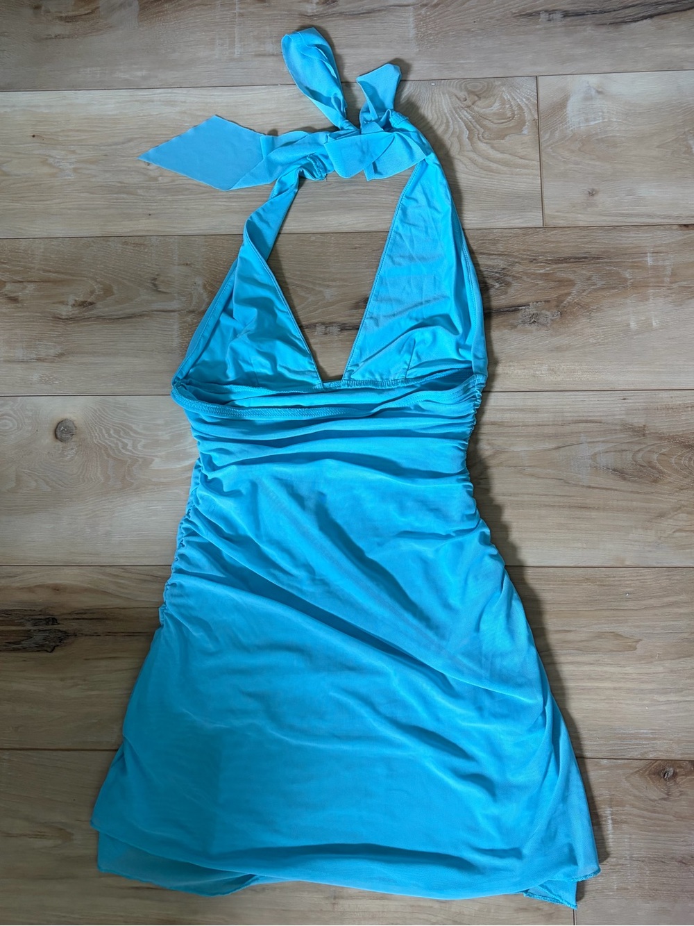 Turquoise Halter Ruched Mini Dress - Picture 3 of 3